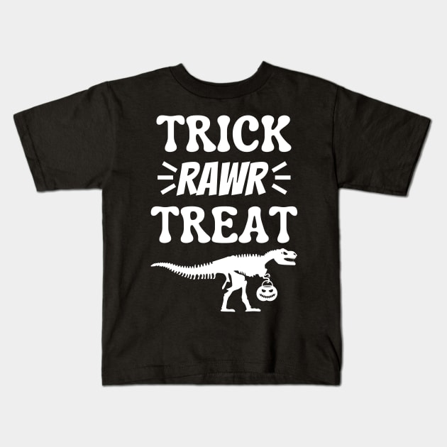 Trick Rawr Treat Halloween Dinosaur Bones Kids T-Shirt by Caregiverology